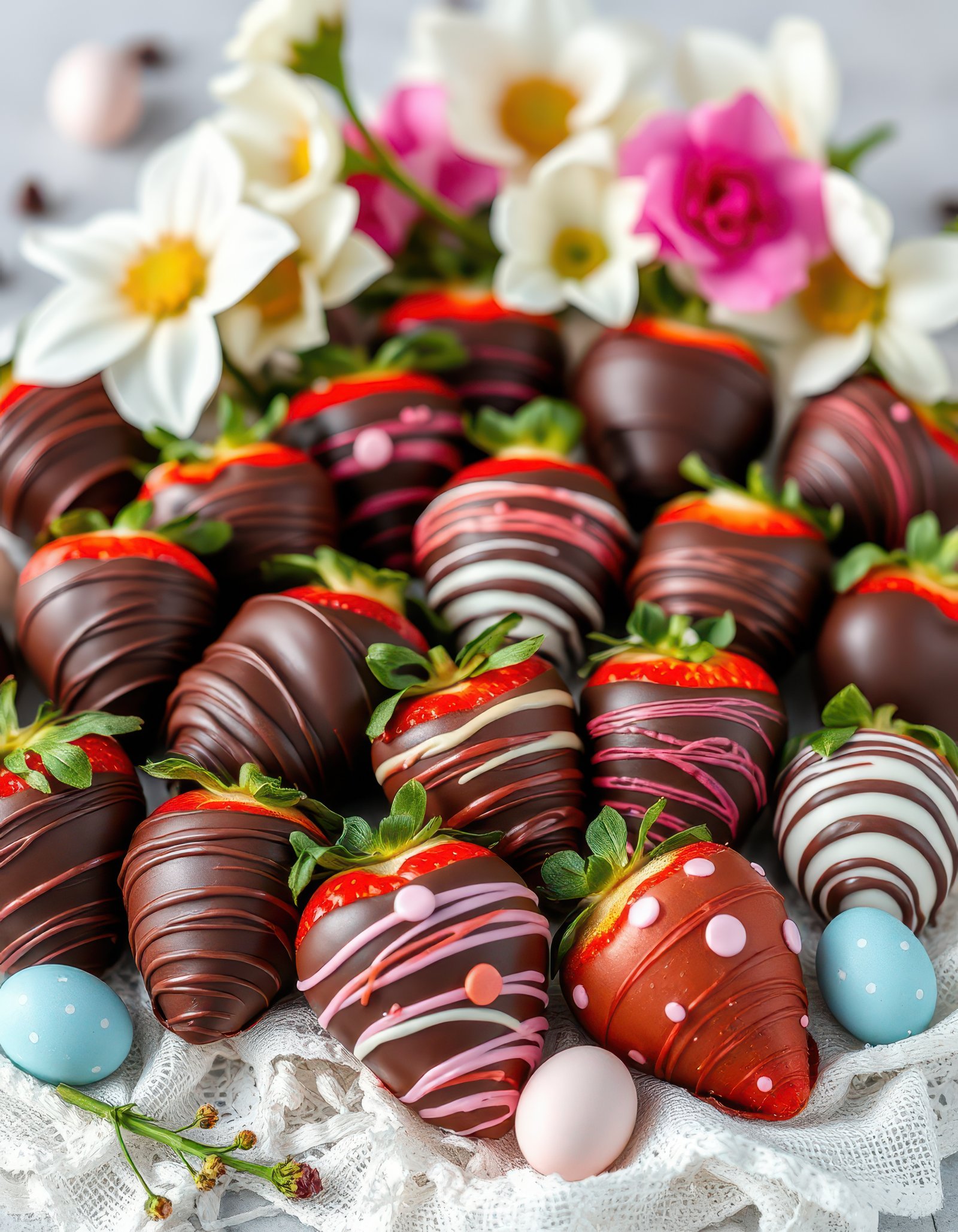 Delightful assortment of dipped strawberries surrounded by flowers and colorful eggs in a festive setting